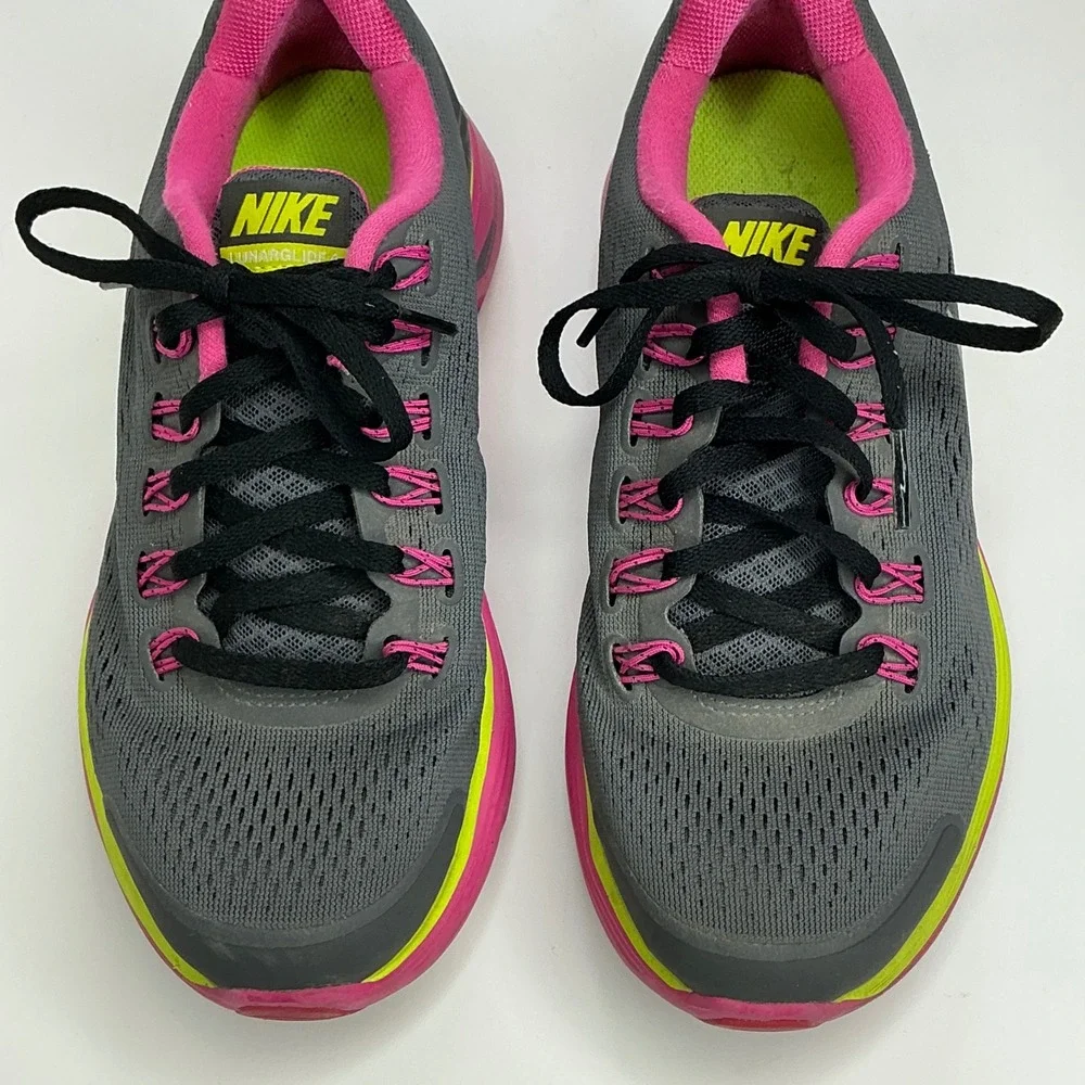 Nike Grey Pink LunarGlide 4 Running Shoes Girls 5Y 525371-001 Lunarlon Neon